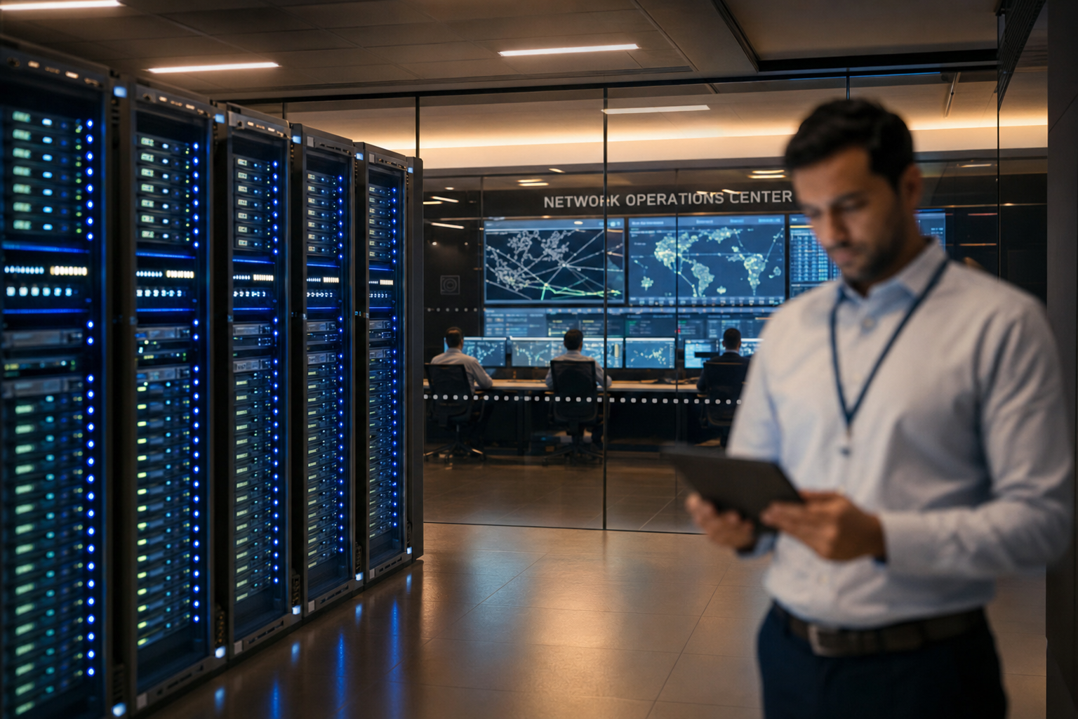 NOC operations floor with engineer monitoring critical infrastructure